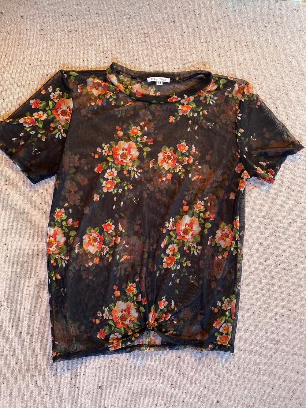 Mesh Sheer Floral Tshirt Womens Black Medium Boho Whimsygoth Fairy Romantic